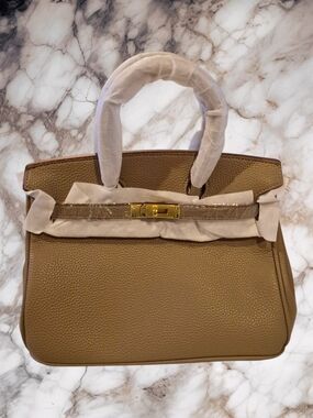 NWOT Structured Taupe Pebbled Leather Top-Handle Satchel